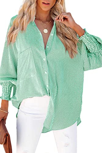 Womens Smocked Cuffed Striped Boyfriend Shirt Casual Collar Long Sleeve Oversized Button Down Blouse Tops with Pocket Shirred Green