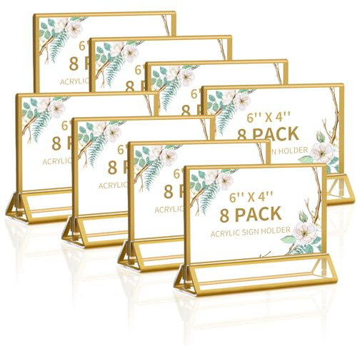 Smarpau 6x4 Gold Acrylic Sign Holder, 8 Pack Wedding Table Number Holders with Horizontal Stand, Double Sided Photo Picture Frames Stands, Flyer Stand, Paper Display Stand for Cafe, Restaurant