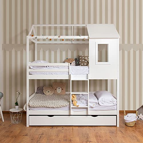 MUEMUE - Litera Infantil Casita Blanca 90x190/90x190cm - MU0311-8 - La litera + Cama elevable 90 cm