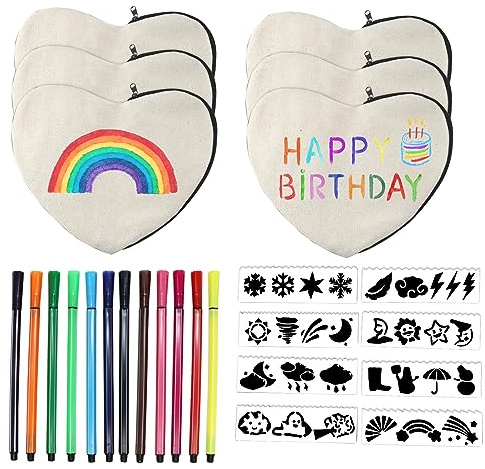Idota 6 Stück Stoff Federmäppchen Herzförmig | Taschen zum Bemalen für Kinder mit 12 Farbigen Stiften und 8 Pcs Malen Schimmel für Reisen, Basteln am Kindergeburtstag