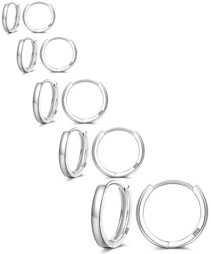 NEVEGE 5 Pairs Sterling Silver Hoop Earrings Small Silver Hoop Earrings for Women 925 Sterling Silver Huggie Earring Hypoallergenic Sleepers Earring Set for Cartilage 8/10/12/14/16mm
