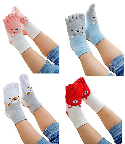 Yuehuamech 4 Paia di Calzini per Dita dei Bambini in Cotone - Cinque Dita, Animale Carino, Traspirante, Antiscivolo - Calzini Sportivi per Bambini 3-12 Anni