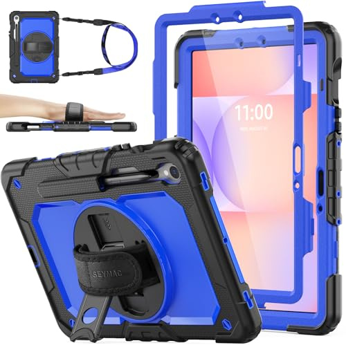 SEYMAC stock Hülle für Samsung Galaxy Tab S10 Lite/S10 FE/S9 FE/S9, Blau | Rundumschutz,Zwei Frontrahmen,Displayschutzfolie, 360° Drehbarer Ständer/Handschlaufe,Verstellbarer Schultergurt,Stifthalter