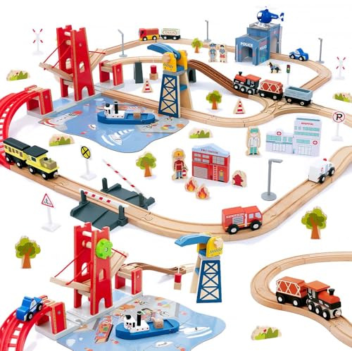 Giant bean Set di 117 Treni da Città in Legno, Per Bambini, Set di Treni in Legno Espandibili, Giocattolo Per Bambini, Regalo per Ragazzi e Ragazze Dai 3 Anni in su