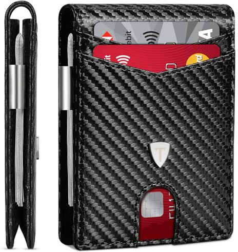 TEEHON Portafoglio Uomo RFID Blocking Portafoglio Uomo Slim Pelle in Fibra di Carbonio con 12 Porta Carte di Credito Uomo, ID Window, Fermasoldi, Bi-Fold Minimalista con Confezione Regalo - Nero