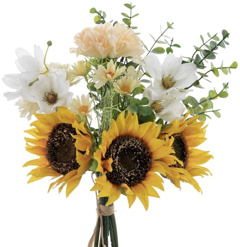 YELIKIT Kunstblumen Sonnenblumen Künstliche Pflanzen Blumen Deko Unechte Blumen Seide Blumenarrangements für Zuhause Blumenstrauß Hochzeit Garten Festival Dekor (Gelb&Weiß)