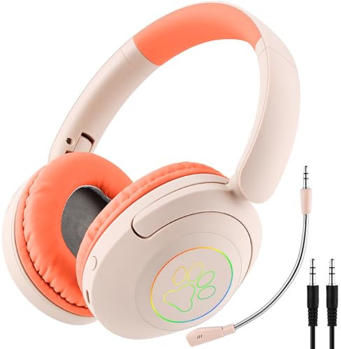 Noetoy Casque Enfant, Casque Bluetooth sans Fil avec Microphone Lumières LED Chat, Pliable, Bandeau Réglable, Casques Bluetooth 5.3 pour Enfants Filles PC/Tablettes/TV/école(Rose)