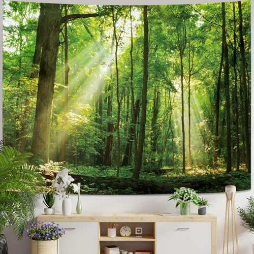 Skcess Tapisserie Wandbehang, Wandteppich Wald Wandtuch Grün Baum Sonnenaufgang Wall Tapestry Jungle Deko Wohnzimmer Wandbehang Groß 260 x 240 cm