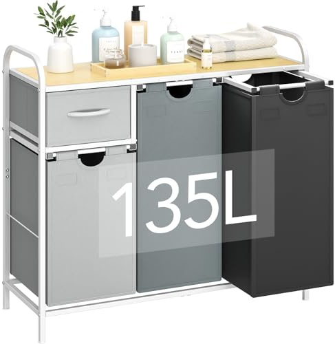 Yecaye Laundry Sorter 3 Section, Laundry Hamper with Shelf and 1 Drawer, 35.7Gal(135L) Clothes Basket Organizer, Pull-Out and Removable Oxford Fabric Laundry Bags for Laundry Room, Bedroom, Bathroom