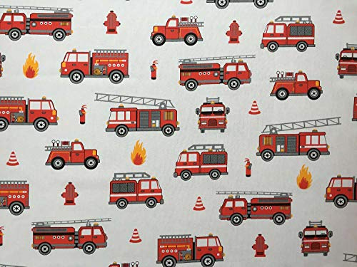 100x160cm Feuerwehr Baumwollstoff für Kinder - Kinderstoff aus 100% fester Baumwolle mit Fahrzeuge - Stoffe zum Nähen für Kinder - Kinderstoffe Feuer Feuerlöscher Muster & Feuermotiv - keine Meterware