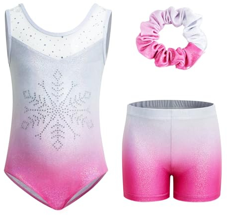 JiAmy Turnanzug Mädchen, Gymnastikanzug Kinder mit Hose Haarband Set, Gymnastik Turnanzug Leotard für 6-7 Jahre