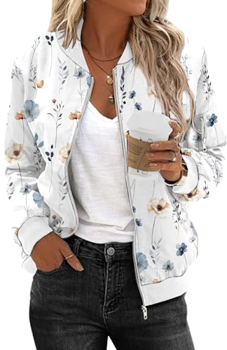 Zeagoo Giacca bomber da donna, corta, casual, in stile aviatore, outwear, a maniche lunghe, con chiusura lampo, leggera, per la primavera, robusta, XL