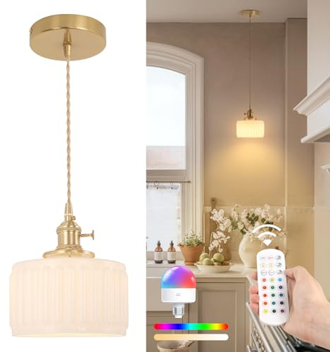 Shenmoyl Akku Pendelleuchte Esstisch, Hängelampe batterie Dimmbar, Esstischlampe Hängend Vintage Höhenverstellbar Für Küche Esszimmer Schlafzimmer Wohnzimmer Weiß Gestreift