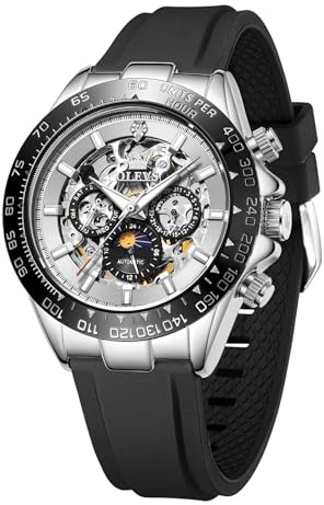 OLEVS Watch Men Day-Week-Moon Phase Silver Skeleton Automatic Self Winding Mechanical Waterproof Luminous White Bezel Black Silicone Band Wirst Watches