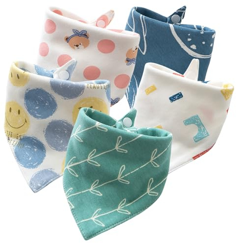 Noaxylic 5 Stück Lätzchen Baby, Baby Lätzchen, Bibs Neugeborene Dreieckstuch, Dreieckstuch Baumwolle, mit Verstellbares Druckknopf, Sabberlätzchen, Sabberlätzchen Super Saugfähige, für Junge, Mädche