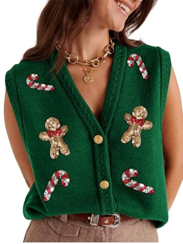 ensswliz Veste en tricot moche de Noël pour femme - Broderie de paillettes - Impression de Père Noël - Sans manches - Boutons sur le devant - Cardigan en tricot, B-vert., S