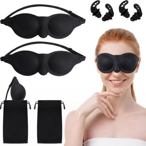 AceOrbit 6 Pcs Black Moisture Chamber Glasses for Dry Eyes Silicone Sleep Goggles Reusable Silicone Earplugs with Storage Bags for Sleeping Noise Reduction Deep Focus Travel