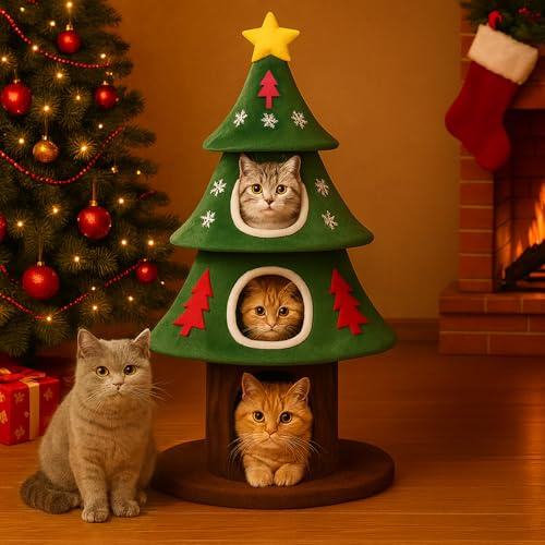 COMHOMA Kratzbaum 135 cm hoch, Weihnachtsbaum-Design, mehrstöckiger Katzenbaum mit Katzenhaus, mit Kratzsäulen Spielball Stabiler Kletterbaum für Katzen, grün