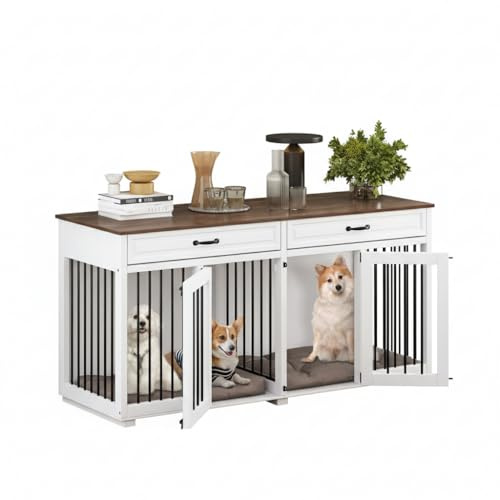 PREMTURE Large White Dog Crate Furniture with 2 Drawers, Indoor Kennel | Lockable interior accommodates multiple dogs, while the furniture-style top doubles as a practical living-room side table.