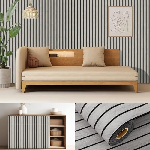 Tapete Holzoptik - 300x40cm Akustikpaneele Selbstklebend, Vliestapete Akustikpaneele, Wandpaneele Holzoptik Wanddeko, für Wohnzimmer, Küche & Büro - Hellgrau