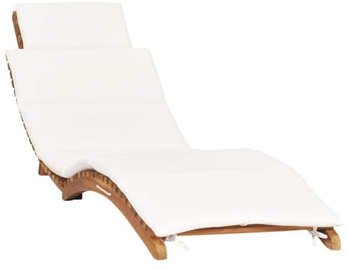 Ziaphsol Klappbare Sonnenliege Cremeweißer Auflage, Massivholz Teak, Ergonomisch Geschwungen, 175x50x55 cm, Gartenliege Klappbar, Wetterfest für Outdoor Pool & Terrasse