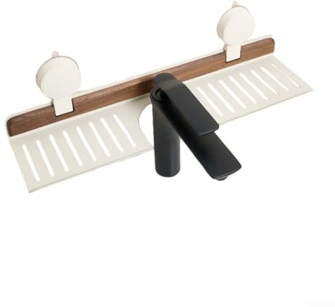 Organizador de lavabo de baño, con ventosa de aspecto de nogal, estante de almacenamiento para espejo y grifo, agarre fuerte sin taladro, organizador para accesorios de tocador de baño (50 cm, blanco)
