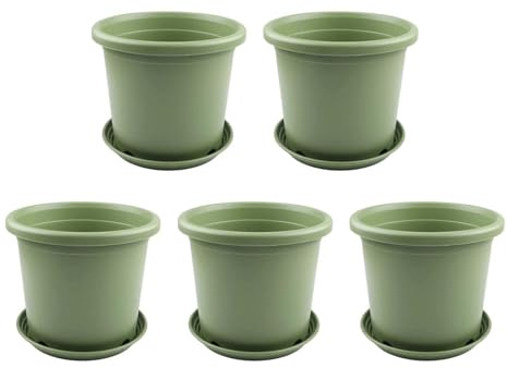 QOXEZY Grandi fioriere in resina con drenaggio integrato, set da 5 pezzi con vassoi abbinati, verde, decorazione da giardino per tutte le stagioni (24,5 x 21,5 cm)