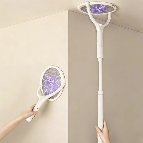 Fiotha Tapette à Mouches Électrique, Raquette Electrique Insectes, Tête Rotative Rechargeable avec Extension Télescopique, Piège à Lumière UV pour Moustiques, Mouches, Mites, Insectes
