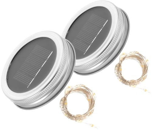 HOMOCONO 2Pcs Solar Jar Lid String Lights Built-in Panel 7cm | Warm Glow, Automatic Night Illumination, Shapeable Strands, Tin and Plastic Construction for Balcony and Garden