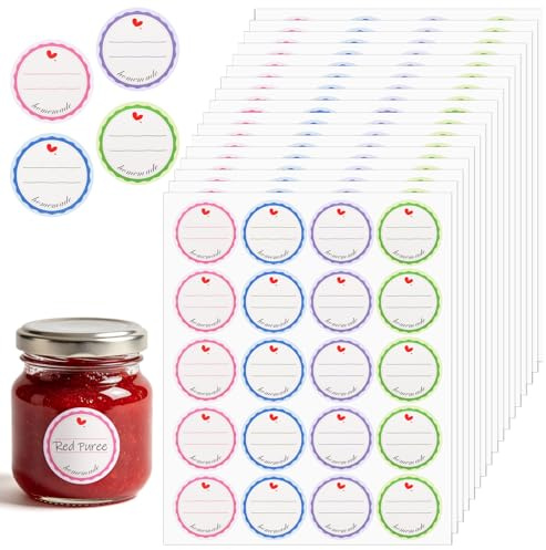 1000 Stück Marmeladen Etiketten Selbstklebend 4 Farbe Aufkleber Marmeladengläser Rund Etiketten Marmeladengläser für Flaschen Gewürzgläser
