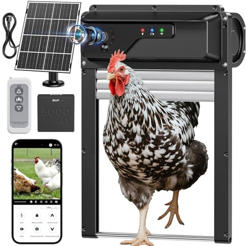 Porta pollaio Automatico con Fotocamera WiFi e Applicazione, Porta ad avvolgimento Salvaspazio per Pollaio, Ricarica Solare, Controllo Remoto, Timer Anti-Pizzico
