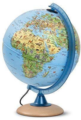 Mappamondo per bambini, Globo luminoso per bambini, diametro 25 cm, con tante illustrazioni interessanti, base di legno chiaro, testo in italiano
