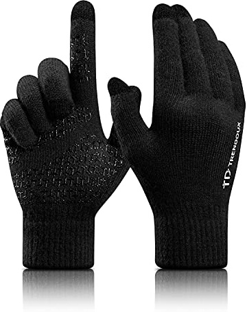 TRENDOUX Gloves Women Men, Winter Touch Screen Glove, Texting Running Driving - Anti-Slip Grip - Thermal Lining - Stretchy Material - Knitted Warm Glove Computer in Cold Weather Black - L