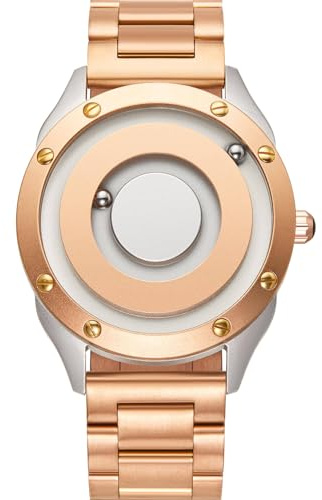EUTOUR Montre Homme Montres de Couple Magnétique Pas de Verre Roulement à Billes Quartz Montres Bracelet pour Homme avec Bracelet en Acier Inoxydable Or