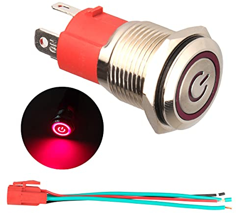 GUUZI 12V-24V / 15A Interruptor de Botón de Enclavamiento NO, Impermeable Luz LED Roja Iluminada Botón de Encendido de Metal de 19 mm con Cable de Enchufe