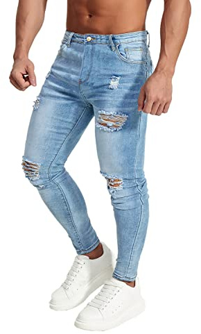 HUNGSON Herren Zerrissene Skinny Jeans Stretchy Slim Fit Jeans Hosen, Ripped Blue-1 (Ripped Blue-, 54