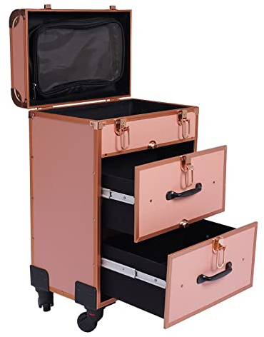 Koffer Mit Kosmetikkoffer Trolley Groß Kosmetikkoffer, Kosmetikkoffer Rolling Make-up Fall, 3-Schichten, Mit Universal Wheel, Tragfähigkeit bis zu 110.3 kg, Gold