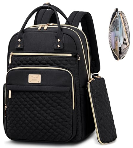Tealari Laptop-ryggsäck för kvinnor, 15,6 tums bärbar dator ryggsäck för arbete, vattentät reseryggsäck, college bokväska med plånbok, Svart, Large, Reseryggsäck, avslappnad ryggsäck