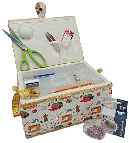 JYC CREATIVE Großer Nähkasten aus Holz mit Zubehör, mit Stoff ausgekleidete Nähbox mit 8 Fächern, Organizer mit Nadelhalter, Box mit Griff, Zubehörablage (groß, Maschine)