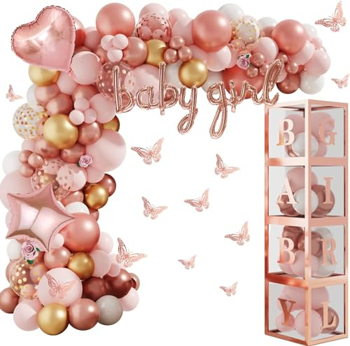 134Pièces Rose Gold Ballon Arch Kit Anniversaire Fête Decoration Fille 12 Papillons Stickers Boîtes A-Z Lettre pour Fille pour Anniversaire Baby Shower Gender Reveal Bapteme Fête Decor