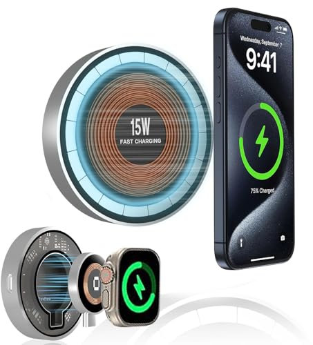 3 in1 Mag Safe Magnetic Wireless C Charger Qi Certified Fast Charging Compatible with Apple Watch/Airpods 15W Output Type C Terminal Apple Watch Ultra, Airpods, iPhone series