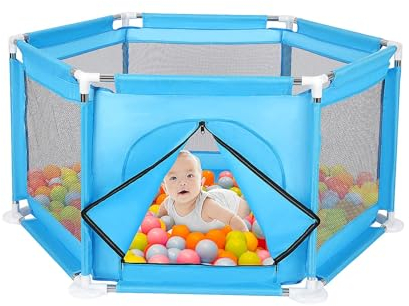 Queiting Baby Laufstall Netz-Seitenfenster Sechseckiger Gitterzaun Faltbares und Kompaktes Kinder Laufgitterzelt Spielen im Innen-oder Außenbereich Tresor Krabbeln 128cm x 110cm x 65cm (Blau)