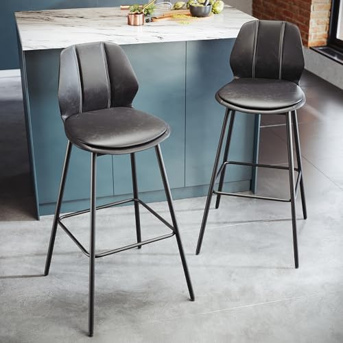SONNI Barhocker 2er Set, Barstühle, Küchenstühle mit Rückenlehne und Fußstütze, robuster Metallrahmen, gemütliche PU weiche Sitzfläche, für Bar, Küche, Esszimmer, Sitzhöhe 102 cm, Schwarz