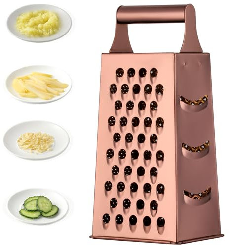 Large Cheese Grater Vegetable Slicer Stainless Steel with 4 Sides, 9.2 Inches Multifunctional Cutter Planing for Ginger, Garlic, Cucumbers, Carrots, Cheese, Potato, graters for Kitchen (Rose Gold)
