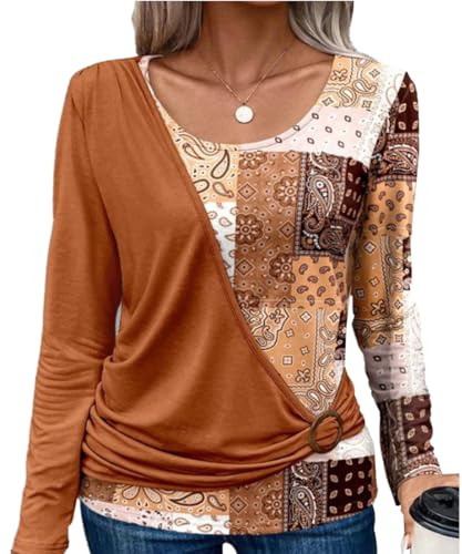 Yeenily Blusas Mujer Manga Larga Camisas Elegante Moda T-Shirt Cuello Redondo Camiseta Casual Primavera Otoño Blusa Tops (Coral, XL)