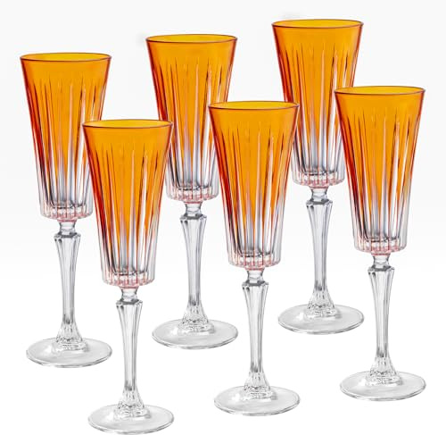 Barski Copas de champán de colores, copa de champán tostada ámbar, flautas de boda o aniversario, juego de 6 vasos de colores listos para regalo, ámbar, 7 onzas, fabricados en Europa