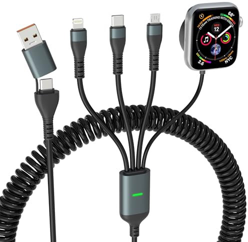 4 in 2 Spiralkabel Multi Ladekabel USB C für Apple Watch - 100W USB/C Multi Apple Watch Kabel mit Lightning/Typ-C/Micro USB Reise Ladekabel für iWatch Series/Ultra/SE/iPhone16/15/14/Galaxy