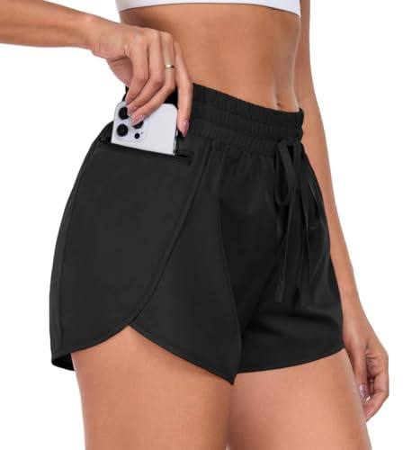 PrinStory Sporthose Damen Kurz Laufshorts 2 In 1 Seitenschlitz Sport Shorts Mit Handytasche