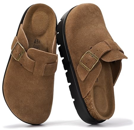 Project Cloud 100% Genuine Leather Platform Clogs for Women Footwear - Memory Foam Arch Support Cork Footbed Casual Shoes & Mules for Women 2026 (BentonChunky, CACAOSUEDE,8)