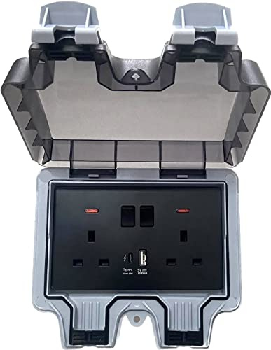 Black Standard UK Socket Weatherproof Waterproof IP66 Outdoor Box with USB Port and 18W Type-C 13A